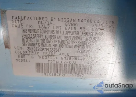 2015 Nissan Versa Note S Plus z USA, uszkodzony, nr VIN 3N1CE2CP7FL357547